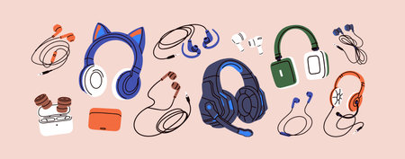 Headphones, earphones, earbuds in case set. Sound headsets, big and small portable audio devices, wired and wireless music accessories, stereo gadgets with mic, cord. Isolated flat vector illustrationのイラスト素材