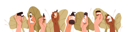 Hands holding cosmetic, natural green beauty products for skin care. Organic vegan essences, cream, lotion in bottle, serum in dropper. Flat graphic vector illustration isolated on white backgroundのイラスト素材