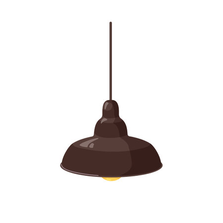 Pendant ceiling lamp. Electric light with suspended metal shade, hanging on cord. Chandelier, home illumination in modern retro style. Flat cartoon vector illustration isolated on white backgroundのイラスト素材