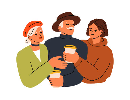 Young adult daughter taking care, treating senior parents with takeaway coffee cups. Girl buying drinks for elderly mother, father. Flat graphic vector illustration isolated on white backgroundのイラスト素材