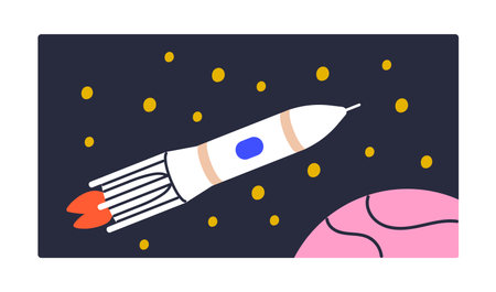 Rocket ship, spaceship launches, travels in space. Cosmos shuttle, spacecraft with fire engine flies...