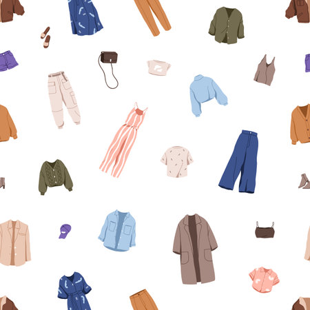 Seamless pattern, casual female clothes. Modern women wearing, fashion garments, repeating print. Endless background, stylish accessories and apparels. Printable repeatable flat vector illustrationのイラスト素材