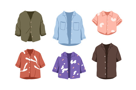 Women blouses and shirts set. Casual summer garment. Female apparel in modern style. Fashion top clothes with button closure of different designs. Flat vector illustration isolated on white backgroundのイラスト素材