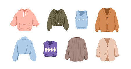 Knitted warm clothes set. Women knitwear garments. Sweater, winter cardigan, warm pullover, sweatshirt, vest, soft hoody in modern style. Flat vector illustration isolated on white backgroundのイラスト素材