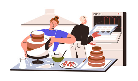 Professional confectioner making cake. Pastry chef woman cooking sweet dessert, decorating confectionery. Confection, patisserie manufacture. Flat vector illustration isolated on white backgroundのイラスト素材