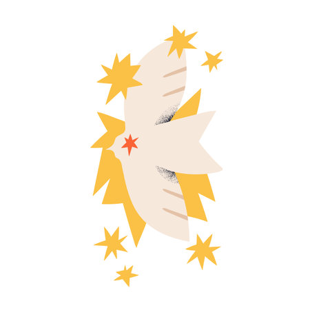 Dove bird flying among stars. Abstract peaceful free pigeon spreading wings. Peace, freedom, flight, hope, renewal, resurrection symbol, concept. Flat vector illustration isolated on white backgroundのイラスト素材