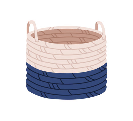 Interior storage basket from textile ropes. Modern trendy woven basketry, wicker bin with handles. Home fashion basketwork from paper vine. Flat vector illustration isolated on white backgroundのイラスト素材