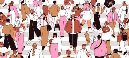 Crowd on urban crosswalk, crossing street, road. Many people, lot of pedestrians on zebra. Busy city traffic, rush hour concept. Population, society, citizens in metropolis. Flat vector illustrationのイラスト素材