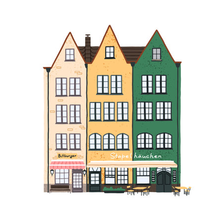 Old Europe city houses. Historical German architecture facades. Cute cozy European Dutch buildings, vintage-styled exterior with stores and cafes. Flat vector illustration isolated on white backgroundのイラスト素材