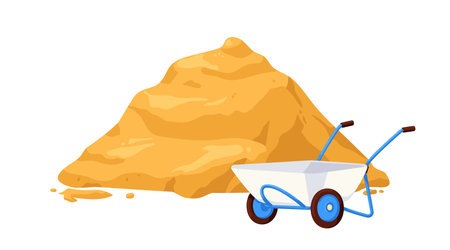 Wheelbarrow with sand pile. Wheel barrow and construction material heap for building. Agricultural carriage, wagon. Flat vector illustration isolated on white backgroundのイラスト素材