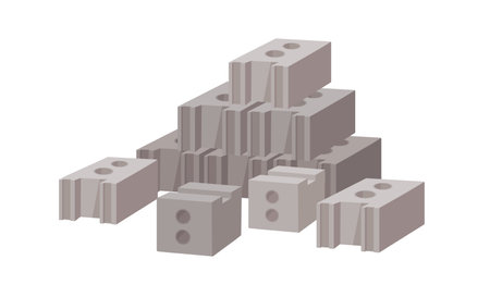 Concrete brick pile. Masonry units, gray blocks heap. Construction, building material, new blocks, solid rectangle pieces. Flat vector illustration isolated on white backgroundのイラスト素材