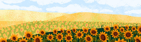 Sunflowers field, summer landscape background. Yellow sun flowers,nature panorama. Blooming agriculture land, floral crop plant. Blossomed plantation on hills, scenery. Flat vector illustrationのイラスト素材