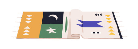 Rug, mat with pattern, tassels, fringe. Modern floor decoration, carpet design with Turkish ornament, rectangle shape, oriental style. Flat graphic vector illustration isolated on white backgroundのイラスト素材