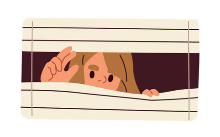 Spying peeping woman, looking from behind window shutters. Suspicious person peeking, looking, watching, observing, hiding with shades. Flat graphic vector illustration isolated on white backgroundのイラスト素材