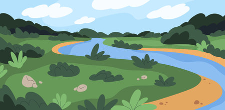 Summer nature, rural landscape with green grass, river water, sky horizon with clouds. Countryside scenery with forest trees at distance, shrubs. Peaceful summertime. Flat vector illustrationのイラスト素材