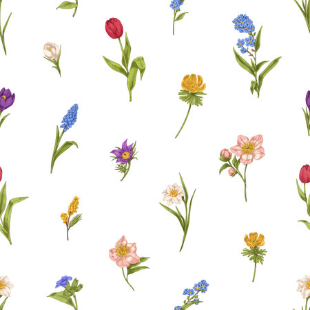 Vintage flowers pattern. Seamless floral background design. Botanical repeating print. Printable fabric, textile texture, blooming spring and summer plants. Hand-drawn realistic vector illustrationのイラスト素材
