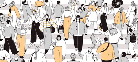 People crowd crossing street, city road. Many pedestrians going, hurrying on crosswalk, zebra panorama. Busy traffic, rush hour in overcrowded metropolis, urban center. Flat vector illustrationのイラスト素材