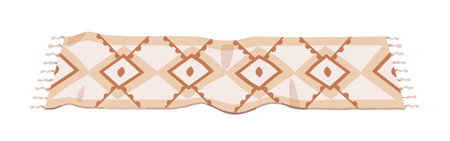 Floor rug runner, long rectangular hallway mat with pattern, tassels. Home passage, corridor carpet design for trendy interior. Colored flat graphic vector illustration isolated on white backgroundのイラスト素材