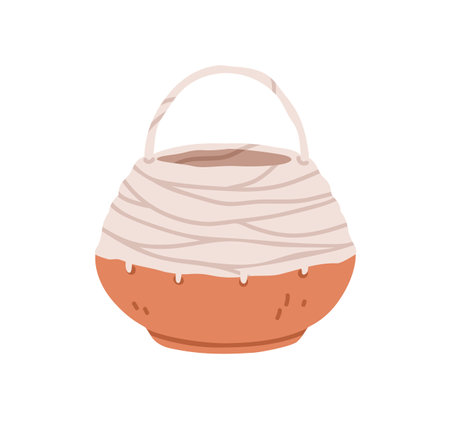 Interior storage basket made from clay and textile ropes. Trendy basketry, wicker from earthen ceramic, paper vine. Empty basketwork with handle. Flat vector illustration isolated on white backgroundのイラスト素材