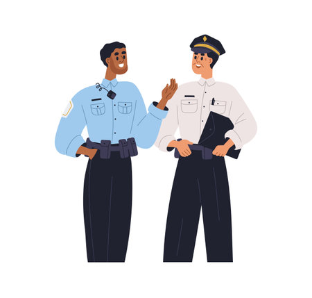 Police officers talking. Policemen colleagues communication. Men cops in uniform speaking, discussing. Young person asking mature coworker. Flat vector illustration isolated on white backgroundのイラスト素材