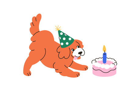 Happy dog with birthday cake, candle. Funny pet in b-day hat, cap celebrating one year. Cute puppy with holiday present, canine food surprise. Flat vector illustration isolated on white backgroundのイラスト素材