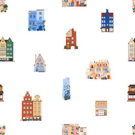 Old architecture, seamless pattern. Buildings, houses, endless background, repeating print, texture design. Europe, Asian, Morocco home facades, exteriors. Flat vector illustration for fabric, textileのイラスト素材