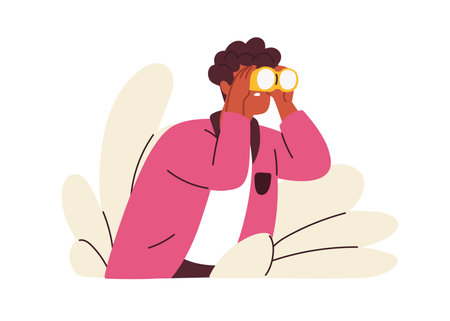 Curious person looking with binoculars. Searching job, finding opportunities, exploring, observing new goals, discovering, seeking ideas concept. Flat vector illustration isolated on white backgroundのイラスト素材