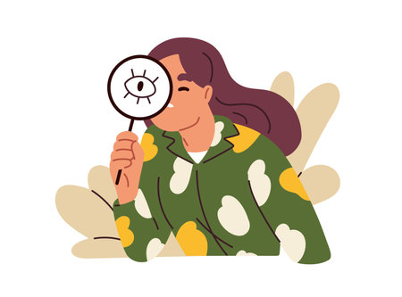 Person watching, observing with magnifier in hand. Character spying, looking with magnifying glass, lens. Search, explore, investigation concept. Flat vector illustration isolated on white backgroundのイラスト素材