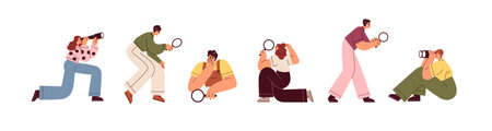 People searching with magnifying glass, binoculars. Curious characters looking through loupe lens. Find information, research concept. Flat graphic vector illustration isolated on white backgroundのイラスト素材