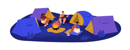 Campers friends play guitar, sing songs at night camp. People sitting around fire at campsite. Cozy evening campground with warm bonfire. Flat graphic vector illustration isolated on white backgroundのイラスト素材
