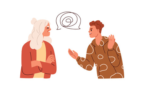 Misunderstanding between senior and young generation, communication problem concept. Mother and adult son conflict. Angry people argue, shout. Flat vector illustration isolated on white backgroundのイラスト素材