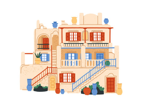 Greek house architecture. Traditional Greece building exterior with decorated facade, windows, stairs, vases. Mykonos residential construction. Flat vector illustration isolated on white backgroundのイラスト素材