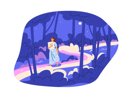Sleepwalk, somnambulism concept. Sleepwalker dreamer walks in night fantasy forest, explores dreamscape. Woman somnambulist in nightmare. Flat graphic vector illustration isolated on white backgroundのイラスト素材