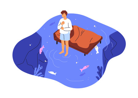 Horror dream, nightmare concept. Afraid scared dreamer standing during night sleep by bed, sea water around. Unreal surreal fear. Flat graphic vector illustration isolated on white backgroundのイラスト素材