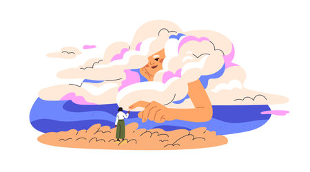 Dreamer in dream, sleep. Heavenly mother, departed mom supporting daughter, caring from sky, heaven, clouds. Mysterious goddess visiting sleeper. Flat vector illustration isolated on white backgroundのイラスト素材