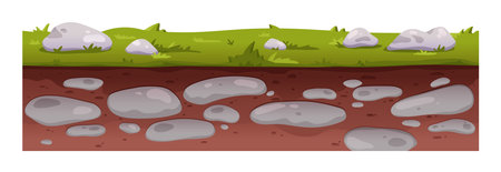 Ground cross section. Stony soil, green grass, stones, underground and earth surface level. Seamless geological texture, cutaway with rocks, lawn. Flat vector illustration isolated on white backgroundのイラスト素材