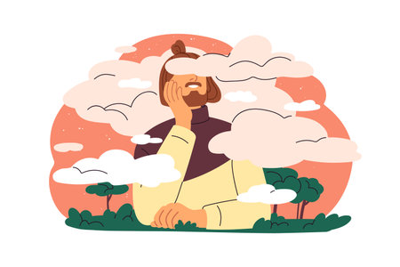 Happy persons head in cloud in sky. Carefree smiling dreamer contemplating, dreaming in heaven. Optimism, bliss, peace, happiness concept. Flat graphic vector illustration isolated on white backgroundのイラスト素材