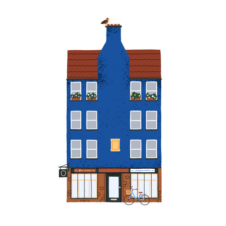 House building exterior of old Europe. Cozy European architecture. City home facade with flowers on windows, bicycle by door in cute town. Flat vector illustration isolated on white backgroundのイラスト素材