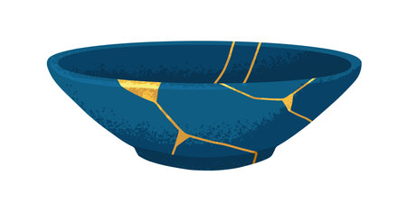 Kintsugi ceramic bowl. Chinese Asian pottery, dish of broken marble design with gold lines. Repaired reborn vessel in China technique, style. Flat vector illustration isolated on white backgroundのイラスト素材