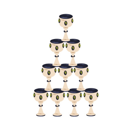 Old goblets, many medieval cups, wine chalices stacked in pyramid shape. Lots of ancient wineglasses with gems. Abundance and excess concept. Flat vector illustration isolated on white backgroundのイラスト素材