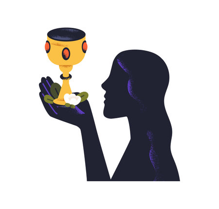 Sorceress holding holy goblet with secret drink, magic potion. Woman witch with esoteric elixir, wine in golden medieval cup, chalice in hand. Flat vector illustration isolated on white backgroundのイラスト素材