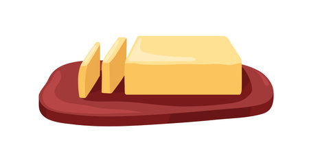 Butter bar, block on wooden board. Dairy milk product, fat cooking ingredient, cut slices, creamy pieces. Fatty food. Flat vector illustration isolated on white backgroundのイラスト素材