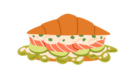 Croissant with salmon fish, lettuce, cream cheese, vegetables filling. French sandwich with tasty stuffing between roll buns. Breakfast food. Flat vector illustration isolated on white backgroundのイラスト素材