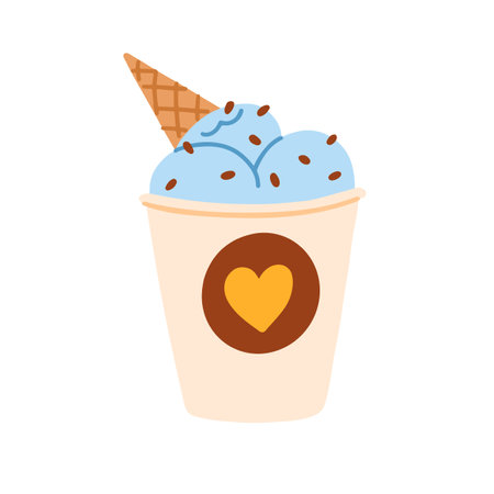 Ice-cream balls in takeaway paper cup. Cold frozen dessert, sweet dairy snack in cardboard mug, bucket. Icecream served, decorated with sprinkles. Flat vector illustration isolated on white backgroundのイラスト素材