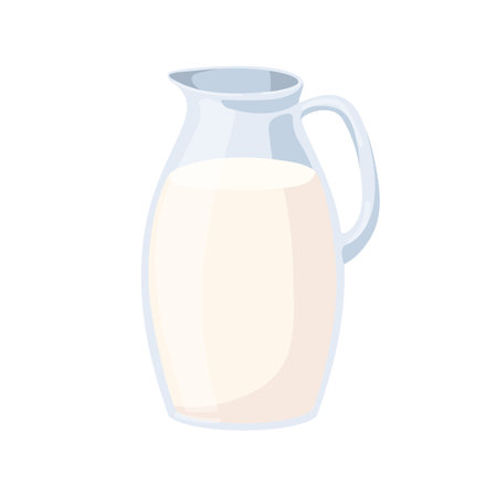 Milk in glass jug. Transparent pitcher full of dairy milky product. Kitchen container, decanter with healthy calcium liquid drink, cream. Flat cartoon vector illustration isolated on white backgroundのイラスト素材