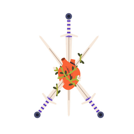 Wounded broken heart pierced stabbed with swords. Breaking love, betrayal, romantic relationship breakup, heartache, tragedy, trauma concept. Flat vector illustration isolated on white backgroundのイラスト素材