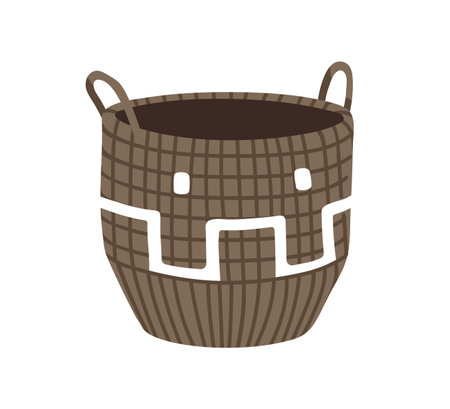 Storage basket made from seagrass. Trendy sea grass basketry for home. Interior basketwork with handles in modern style. Paper vine wicker. Flat vector illustration isolated on white backgroundのイラスト素材