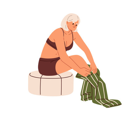 Woman taking on pants, getting dressed. Young girl in lingerie, putting clothes, trousers, apparel, changing garment. Unclothing process. Flat vector illustration isolated on white backgroundのイラスト素材