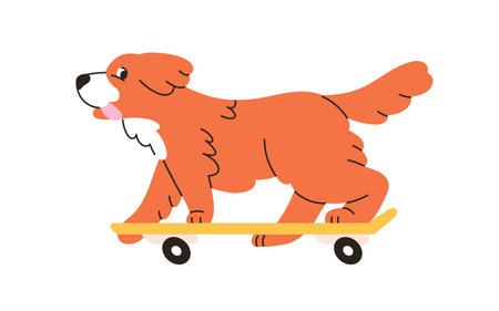 Funny dog riding skateboard. Cute little puppy on skate board. Amusing adorable doggy skater, happy active canine animal, skateboarder. Childish flat vector illustration isolated on white backgroundのイラスト素材