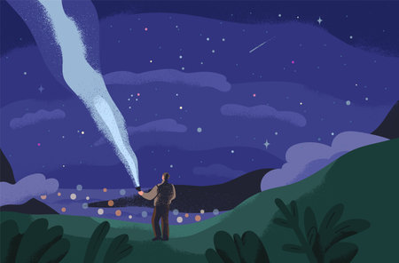 Person with flashlight in night nature landscape. Man alone in travel, adventure, highlighting sky in stars. Peaceful scenery. Solitude, exploring, inspiration concept. Flat vector illustrationのイラスト素材